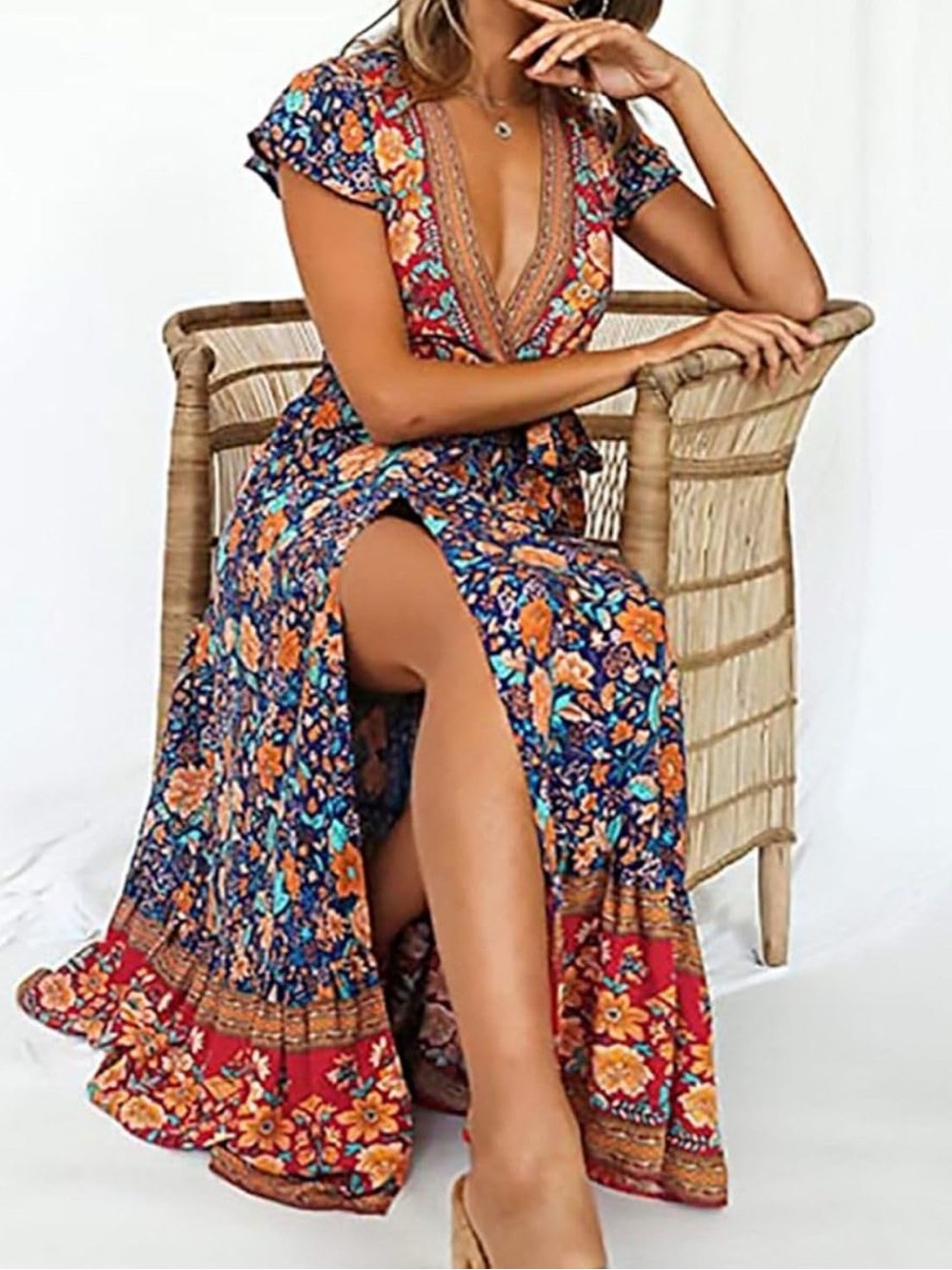 Floral Deep V-Neck Wrap Maxi Dress in Navy and Orange